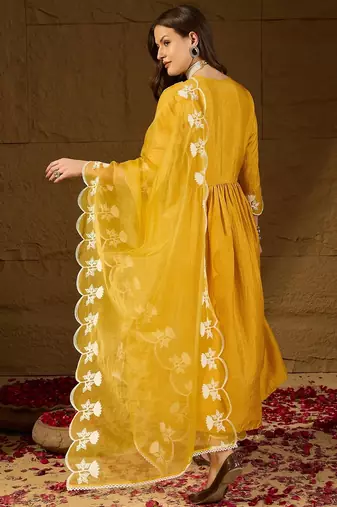 Women yellow silk blend solid embroidered a-line kurta trouser with dupatta
