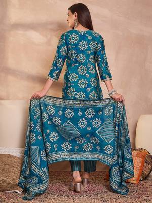 Women blue cotton blend floral printed straight kurta trouser with dupatta 4
