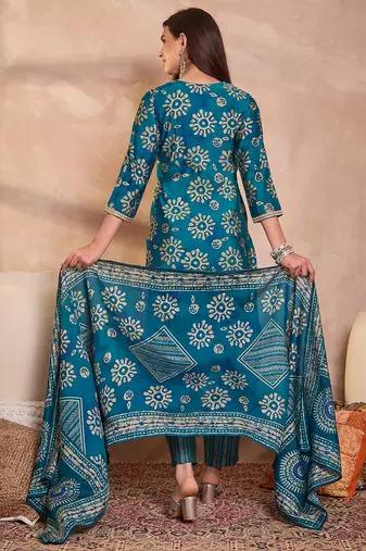 Women blue cotton blend floral printed straight kurta trouser with dupatta