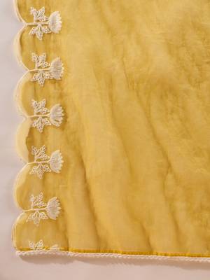 Women yellow silk blend solid embroidered a-line kurta trouser with dupatta 5