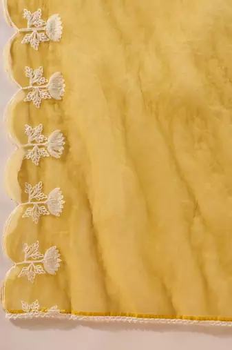 Women yellow silk blend solid embroidered a-line kurta trouser with dupatta