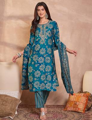 Women blue cotton blend floral printed straight kurta trouser with dupatta 5