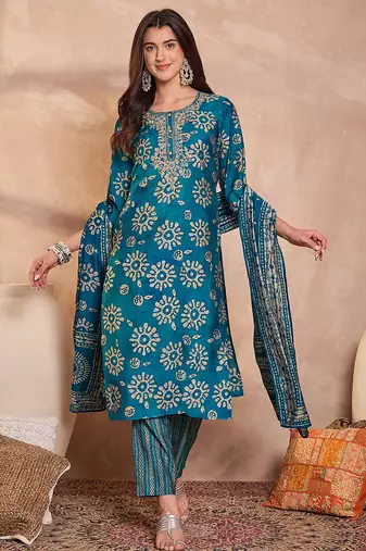 Women blue cotton blend floral printed straight kurta trouser with dupatta