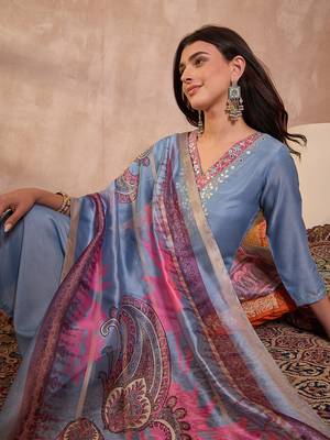 Women blue cotton blend solid embroidered straight kurta trouser with dupatta 2