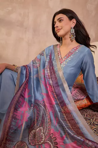 Women blue cotton blend solid embroidered straight kurta trouser with dupatta