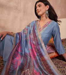 Women blue cotton blend solid embroidered straight kurta trouser with dupatta