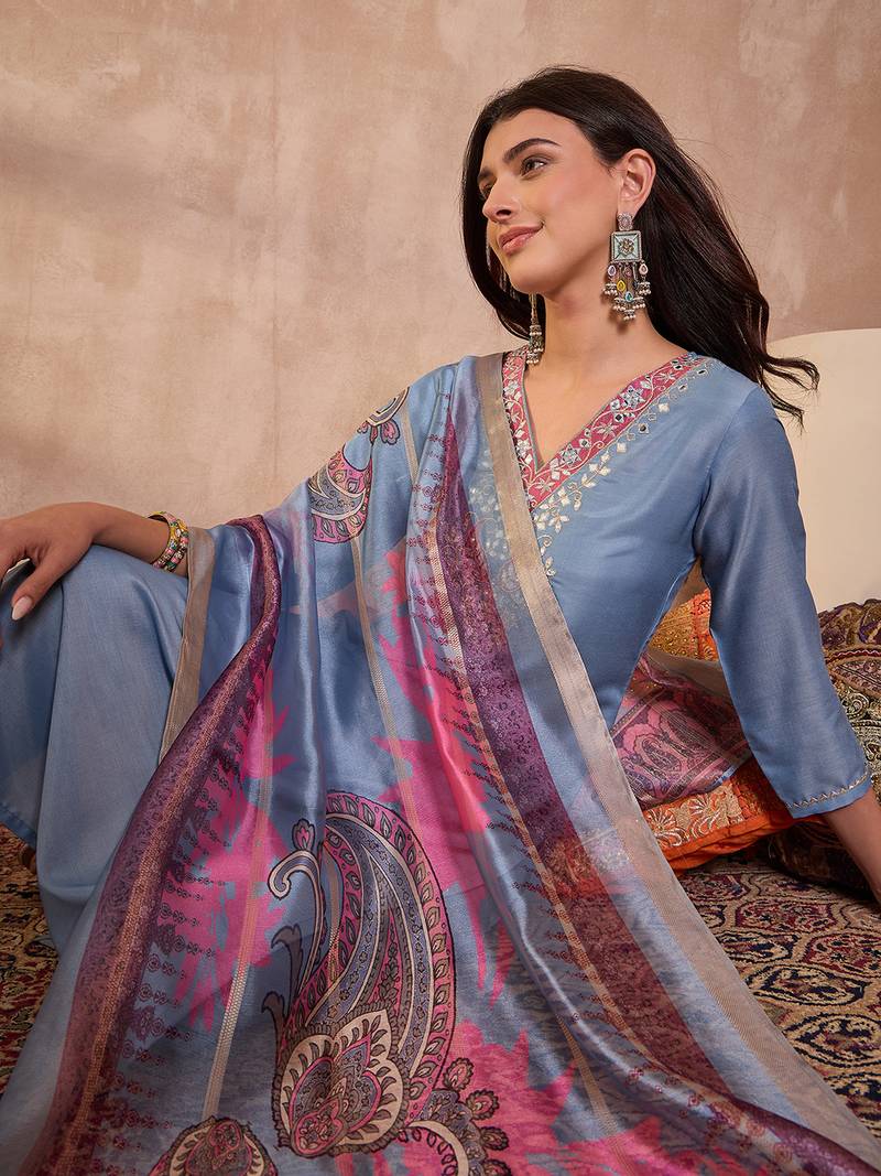 Women blue cotton blend solid embroidered straight kurta trouser with dupatta