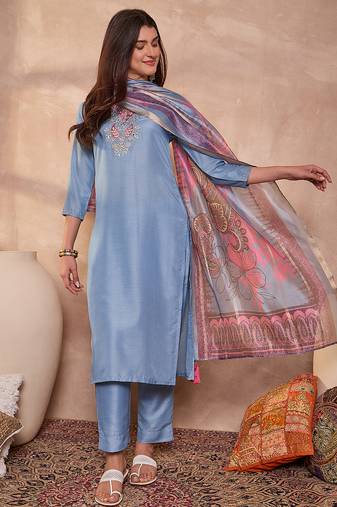 Women blue cotton blend solid embroidered straight kurta trouser with dupatta