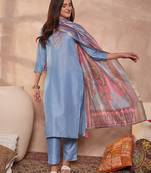 Women blue cotton blend solid embroidered straight kurta trouser with dupatta