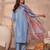 Women blue cotton blend solid embroidered straight kurta trouser with dupatta