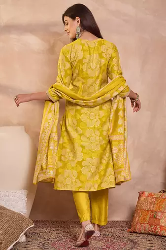 Women yellow  floral printed straight kurta trouser with dupatta