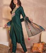 Women green silk blend solid embroidered straight kurta trouser with dupatta