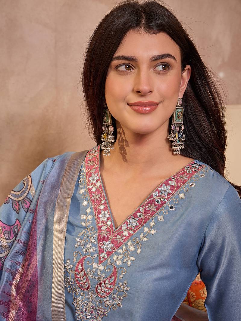 Women blue cotton blend solid embroidered straight kurta trouser with dupatta