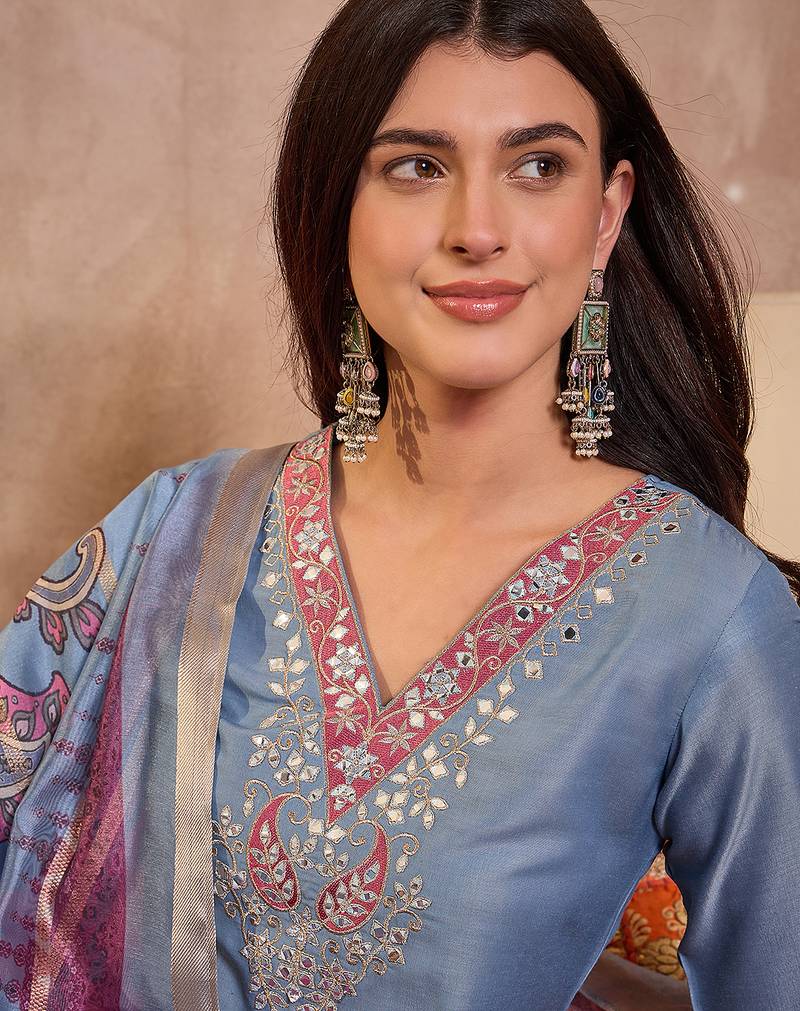 Women blue cotton blend solid embroidered straight kurta trouser with dupatta