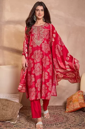 Women pink  floral printed straight kurta trouser with dupatta