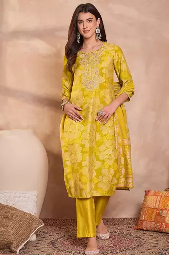 Women yellow  floral printed straight kurta trouser with dupatta