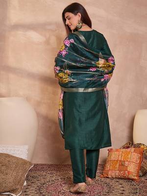 Women green silk blend solid embroidered straight kurta trouser with dupatta 4
