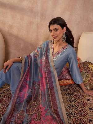 Women blue cotton blend solid embroidered straight kurta trouser with dupatta 4