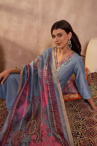 Women blue cotton blend solid embroidered straight kurta trouser with dupatta