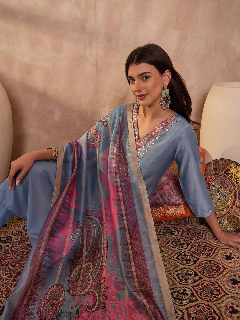 Women blue cotton blend solid embroidered straight kurta trouser with dupatta