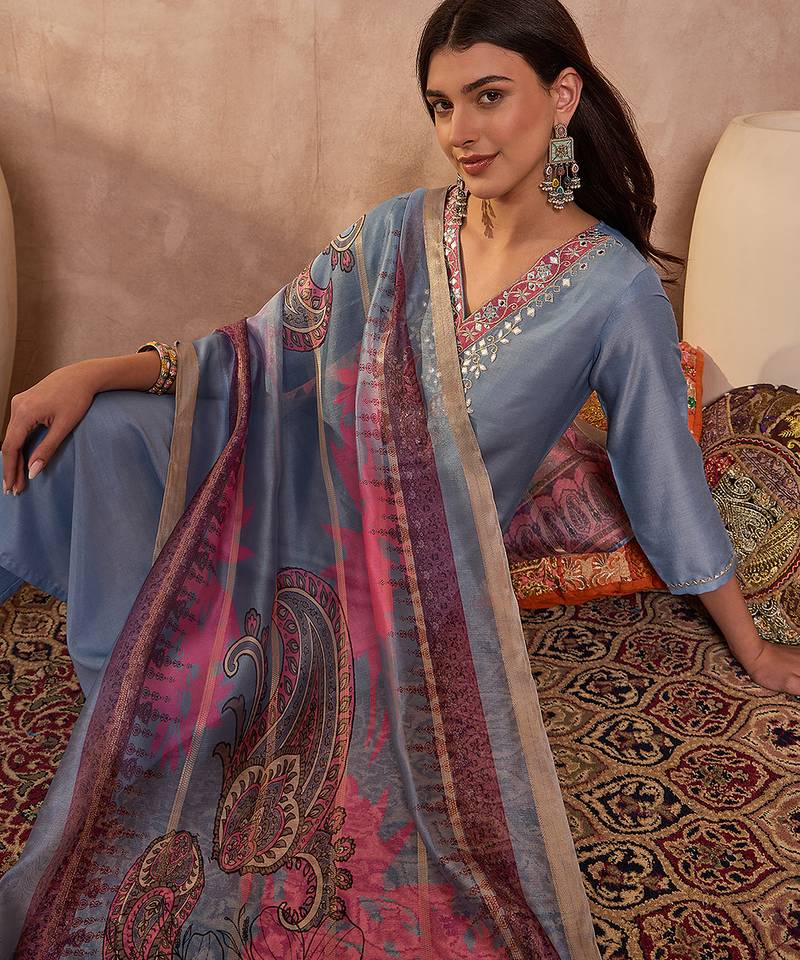 Women blue cotton blend solid embroidered straight kurta trouser with dupatta