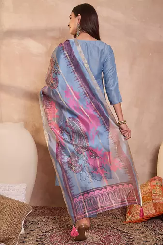 Women blue cotton blend solid embroidered straight kurta trouser with dupatta