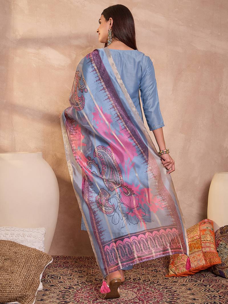 Women blue cotton blend solid embroidered straight kurta trouser with dupatta