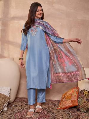 Women blue cotton blend solid embroidered straight kurta trouser with dupatta 1