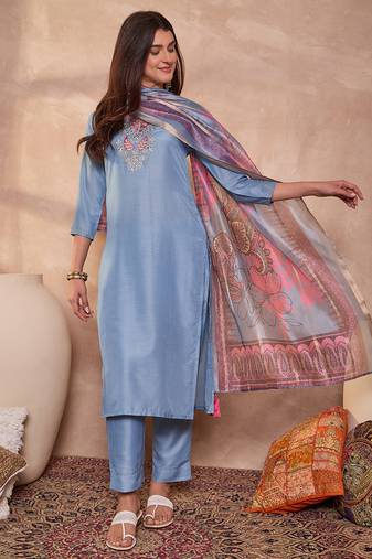 Women blue cotton blend solid embroidered straight kurta trouser with dupatta