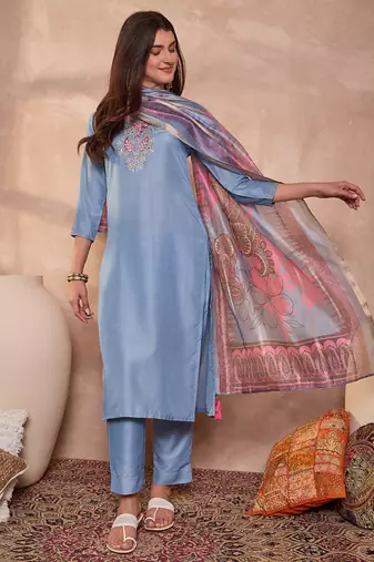 Women blue cotton blend solid embroidered straight kurta trouser with dupatta