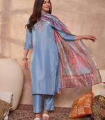 Women blue cotton blend solid embroidered straight kurta trouser with dupatta