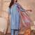 Women blue cotton blend solid embroidered straight kurta trouser with dupatta