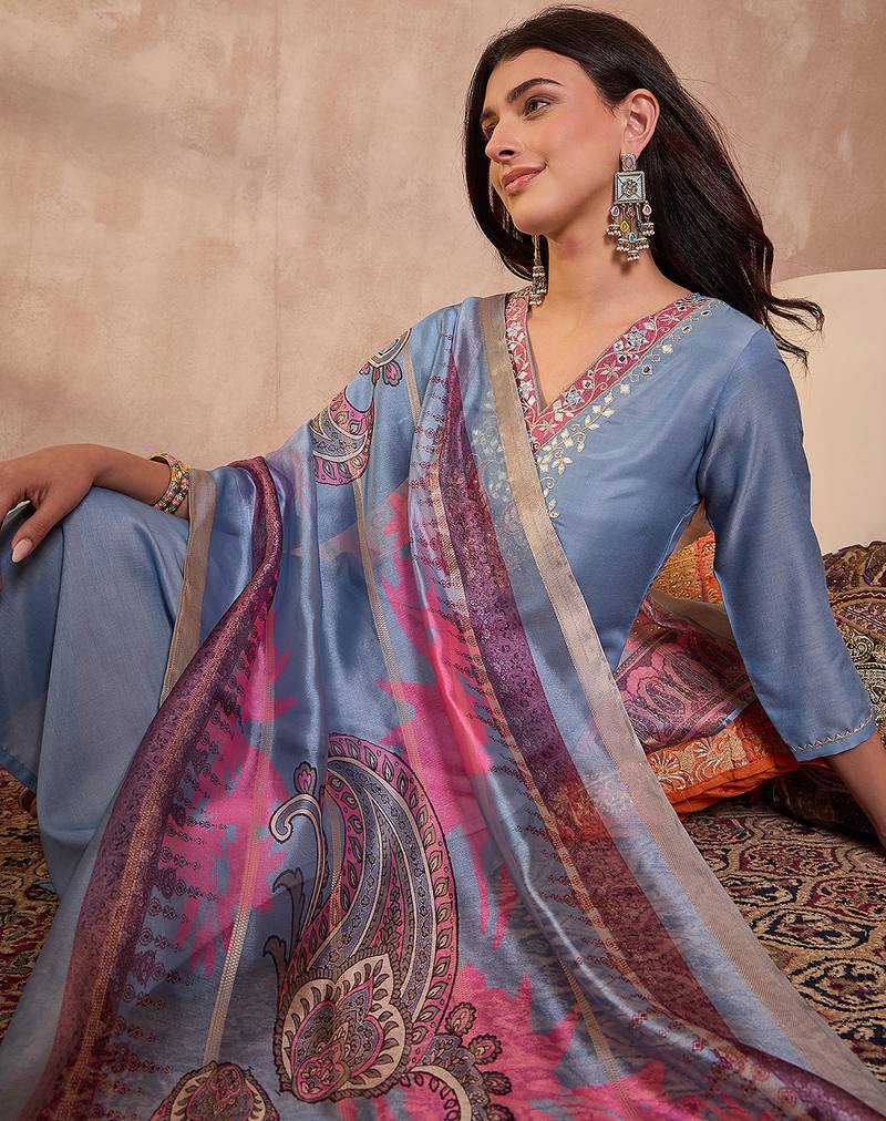 Women blue cotton blend solid embroidered straight kurta trouser with dupatta