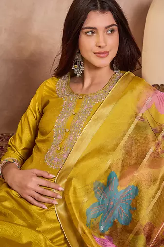 Women yellow silk blend solid embroidered straight kurta trouser with dupatta