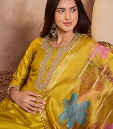 Women yellow silk blend solid embroidered straight kurta trouser with dupatta