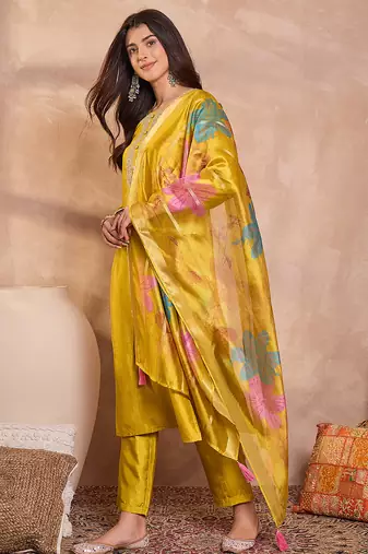 Women yellow silk blend solid embroidered straight kurta trouser with dupatta