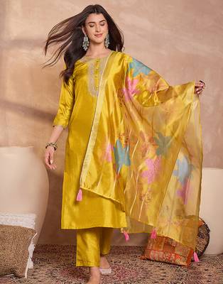 Women yellow silk blend solid embroidered straight kurta trouser with dupatta 1