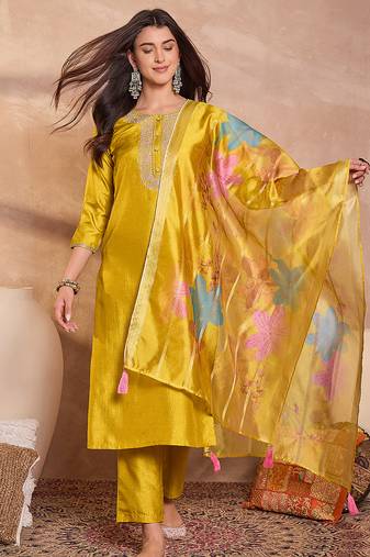 Women yellow silk blend solid embroidered straight kurta trouser with dupatta