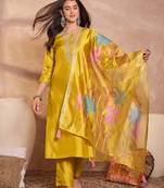Women yellow silk blend solid embroidered straight kurta trouser with dupatta