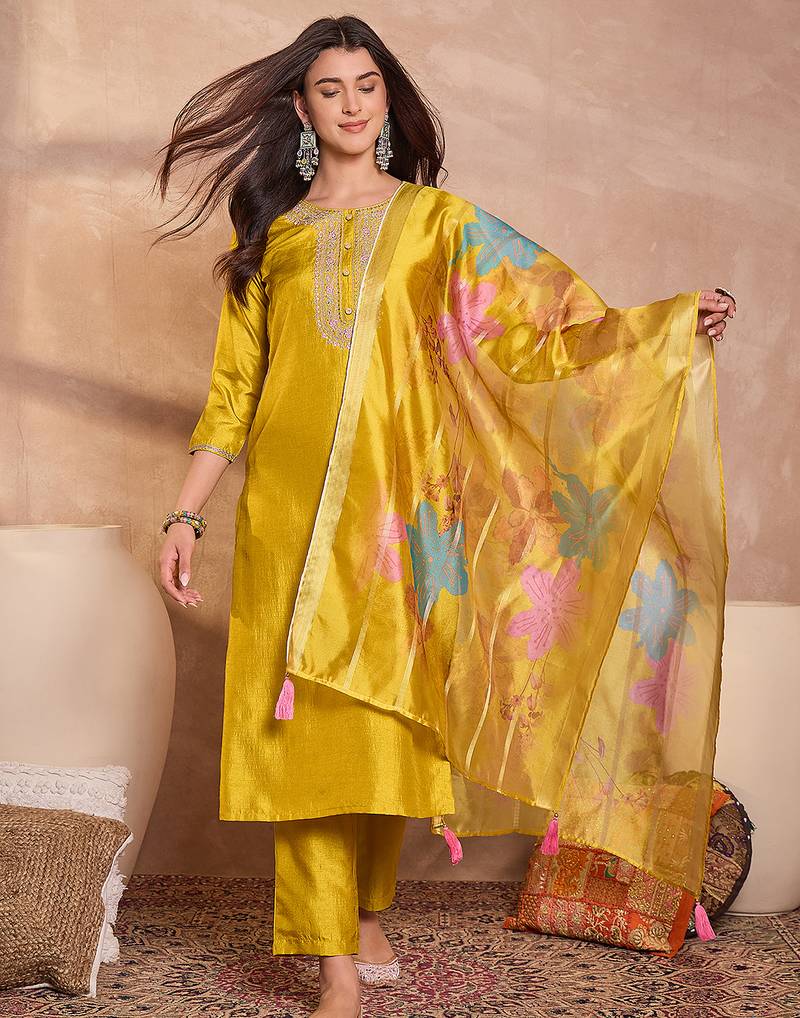 Women yellow silk blend solid embroidered straight kurta trouser with dupatta