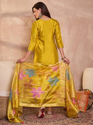 Women yellow silk blend solid embroidered straight kurta trouser with dupatta 4