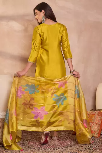 Women yellow silk blend solid embroidered straight kurta trouser with dupatta