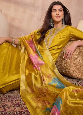 Women yellow silk blend solid embroidered straight kurta trouser with dupatta 5