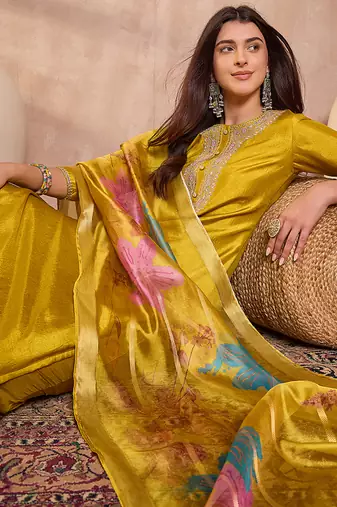 Women yellow silk blend solid embroidered straight kurta trouser with dupatta