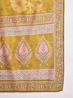 Women green silk blend floral printed straight kurta trouser with dupatta 5