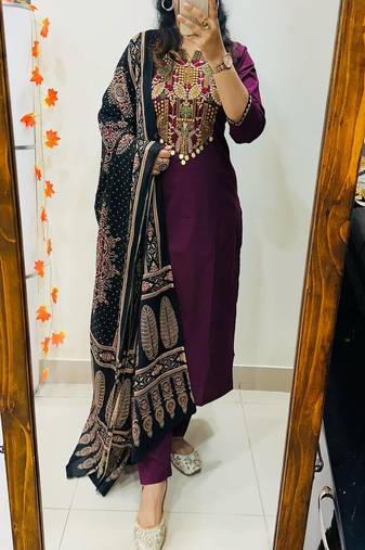 Floral embroidered pure cotton round neck purple kurta trouser & dupatta set