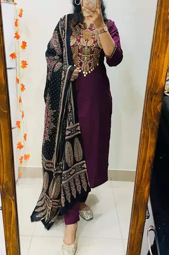 Floral embroidered pure cotton round neck purple kurta trouser & dupatta set