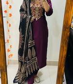 Floral embroidered pure cotton round neck purple kurta trouser & dupatta set