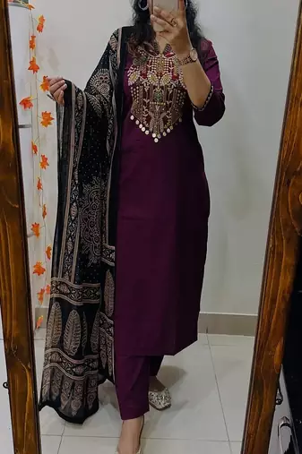 Floral embroidered pure cotton round neck purple kurta trouser & dupatta set