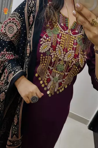 Floral embroidered pure cotton round neck purple kurta trouser & dupatta set